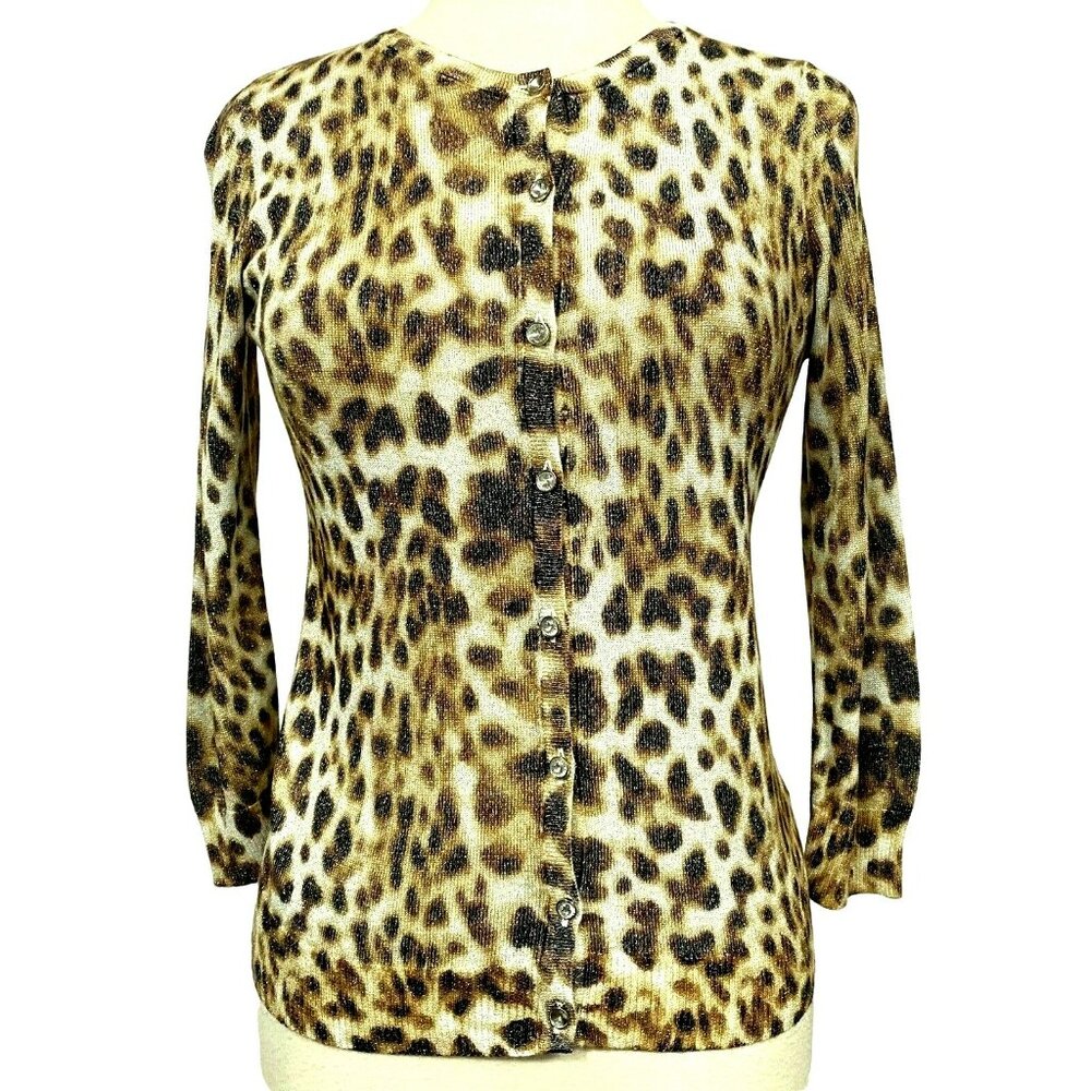 Joseph A.  Metallic Leopard Print Button Front Cardi Long Sleeve Sweater Sz M - Picture 6 of 7